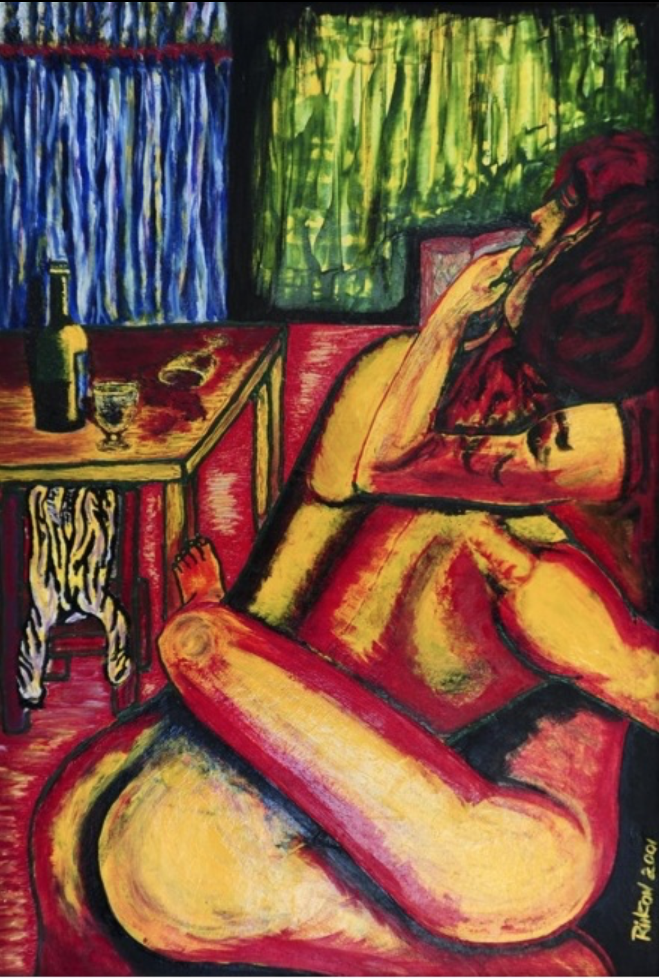 A imagem mostra um quadro elaborado em óleo sobre cartolina de 75x57 centímetros, chamado Mentiras Vespertinas, no qual um homem e uma mulher nus estão se amando em um quarto de um motel barato. À esquerda deles há uma mesa com um uma garrafa de vinho e duas taças, uma delas emborcada, com o vinho derramado.